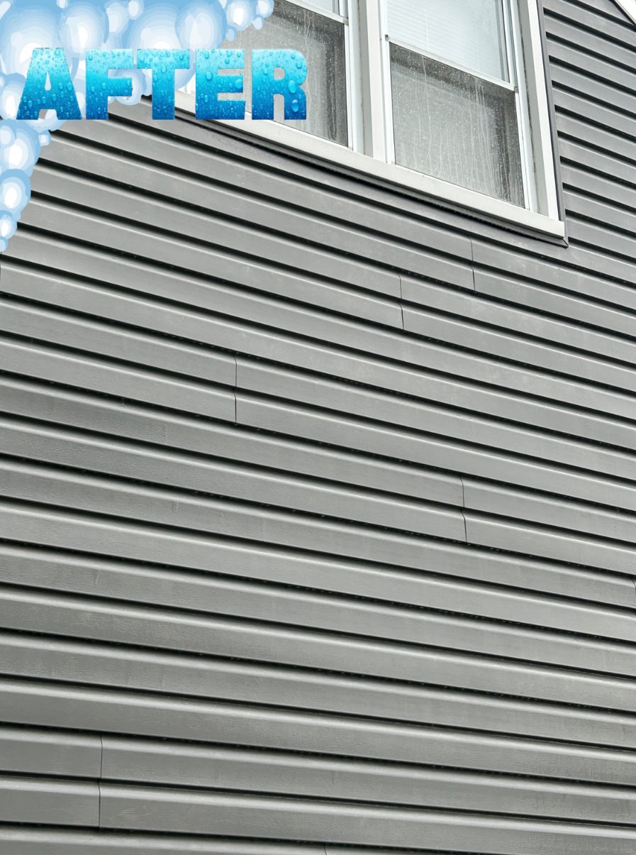 The same gray vinyl siding after cleaning